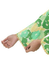 Plum Digital Cotton Lawn Green Colour Printed Yellow Light Green Patterns Embelished Green Tassels Yellow Laces on 2 Pc stitched suit for Girls.