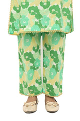 Plum Digital Cotton Lawn Green Colour Printed Yellow Light Green Patterns Embelished Green Tassels Yellow Laces on 2 Pc stitched suit for Girls.