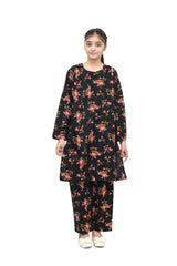 Plum Premium Khaddar Black Colour Printed Pink White Olive Flowers On 2 pc Stitched suit For Girls