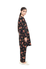 Plum Premium Khaddar Black Colour Printed Pink White Olive Flowers On 2 pc Stitched suit For Girls