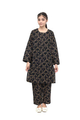Plum Premium Khaddar Black Colour Printed Golden & Bronze Flowers On 2 pc Stitched suit For Girls