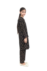 Plum Premium Khaddar Black Colour Printed Golden & Bronze Flowers On 2 pc Stitched suit For Girls