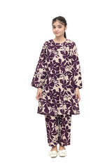 Plum Premium Khaddar Light Beige Colour Printed Purple Flowers On 2 pc Stitched suit For Girls