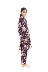 Plum Premium Khaddar Light Beige Colour Printed Purple Flowers On 2 pc Stitched suit For Girls