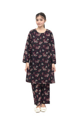 Plum Premium Khaddar Black Colour Printed Biege Dark Pink Flowers On 2 pc Stitched suit For Girls