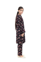 Plum Premium Khaddar Black Colour Printed Biege Dark Pink Flowers On 2 pc Stitched suit For Girls