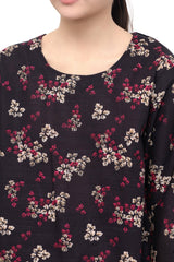 Plum Premium Khaddar Black Colour Printed Biege Dark Pink Flowers On 2 pc Stitched suit For Girls