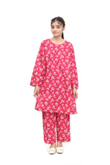 Plum Premium Khaddar Pink Colour Printed Off White Flowers On 2 pc Stitched suit For Girls