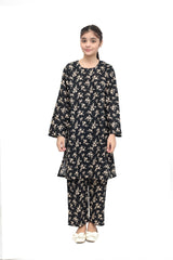 Plum Premium Khaddar Black Colour Printed Off White Flowers On 2 pc Stitched suit For Girls