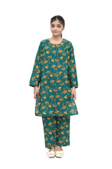 Plum Premium Khaddar Teal Colour Printed Yellow Patterns On 2 pc Stitched suit For Girls