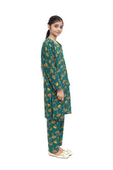 Plum Premium Khaddar Teal Colour Printed Yellow Patterns On 2 pc Stitched suit For Girls