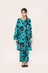 Plum Digital Lawn Sea Green Colour Printed Black Flowers On 2 pc stitched suit For Girls.