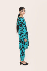 Plum Digital Lawn Sea Green Colour Printed Black Flowers On 2 pc stitched suit For Girls.