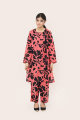 Plum Digital Lawn Peach Colour Printed Black Flowers On 2 pc stitched suit For Girls.