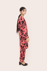 Plum Digital Lawn Peach Colour Printed Black Flowers On 2 pc stitched suit For Girls.