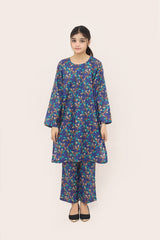 Plum Digital Lawn Blue Colour Printed Sea Green Beige Leaves On 2 pc stitched suit For Girls