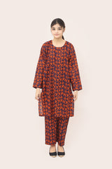 Plum Digital Lawn Blue Colour Printed Red Orange Flowers On 2 pc stitched suit For Girls.