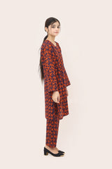 Plum Digital Lawn Blue Colour Printed Red Orange Flowers On 2 pc stitched suit For Girls.