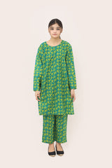 Plum Digital Lawn Green Colour Printed Yellow Flowers On 2 pc stitched suit For Girls.
