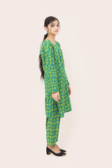Plum Digital Lawn Green Colour Printed Yellow Flowers On 2 pc stitched suit For Girls.