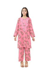 Plum 100% Cotton Lawn Peach Pink Colour Printed Yellow Olive Flowers Embroidered Pink threads On Stitched 2 pc suit for Girls.