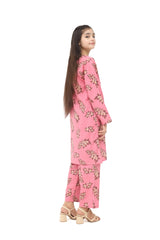 Plum 100% Cotton Lawn Peach Pink Colour Printed Yellow Olive Flowers Embroidered Pink threads On Stitched 2 pc suit for Girls.