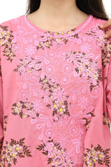 Plum 100% Cotton Lawn Peach Pink Colour Printed Yellow Olive Flowers Embroidered Pink threads On Stitched 2 pc suit for Girls.