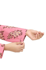 Plum 100% Cotton Lawn Peach Pink Colour Printed Yellow Olive Flowers Embroidered Pink threads On Stitched 2 pc suit for Girls.