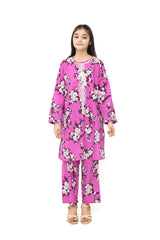 Plum 100% Cotton Lawn Purple Colour Printed White Burgundy Flowers Embroidered White threads On Stitched 2 pc suit for Girls.