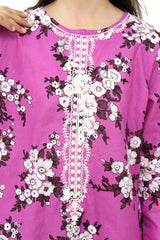 Plum 100% Cotton Lawn Purple Colour Printed White Burgundy Flowers Embroidered White threads On Stitched 2 pc suit for Girls.
