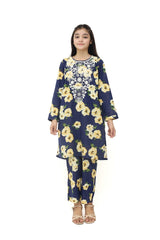 Plum 100% Cotton Lawn Dark Blue Colour Printed Yellow White Flowers Embroidered White threads On Stitched 2 pc suit for Girls.
