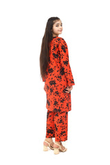Plum 100% Cotton Lawn Rust Colour Printed Black Flowers Embroidered White threads On Stitched 2 pc suit for Girls.