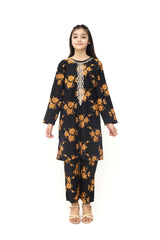 Plum 100% Cotton Lawn Black Colour Printed Golden  Flowers Embroidered Golden threads On Stitched 2 pc suit for Girls.