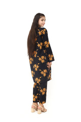 Plum 100% Cotton Lawn Black Colour Printed Golden  Flowers Embroidered Golden threads On Stitched 2 pc suit for Girls.