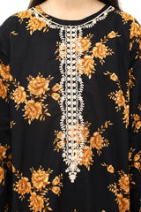 Plum 100% Cotton Lawn Black Colour Printed Golden  Flowers Embroidered Golden threads On Stitched 2 pc suit for Girls.