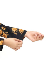 Plum 100% Cotton Lawn Black Colour Printed Golden  Flowers Embroidered Golden threads On Stitched 2 pc suit for Girls.