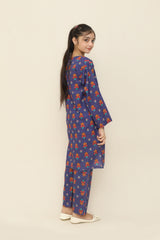 Plum Premium Khaddar Blue Colour Printed Red Sky Blue Yellow Flowers On 2 pc Stitched suit For Girls