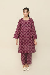 Plum Premium Khaddar Burgundy Colour Printed White Flowers On 2 pc Stitched suit For Girls
