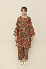 Plum Premium Khaddar Brown Colour Printed Colourful Leafs On 2 pc Stitched suit For Girls