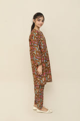 Plum Premium Khaddar Brown Colour Printed Colourful Leafs On 2 pc Stitched suit For Girls