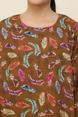 Plum Premium Khaddar Brown Colour Printed Colourful Leafs On 2 pc Stitched suit For Girls