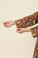 Plum Premium Khaddar Brown Colour Printed Colourful Leafs On 2 pc Stitched suit For Girls