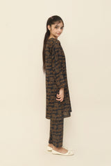 Plum Premium Khaddar Black Colour Printed Golden Patterns On 2 pc Stitched suit For Girls