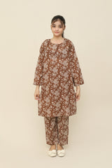 Plum Premium Khaddar Brown Colour Printed White Flowers On 2 pc Stitched suit For Girls