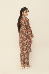 Plum Premium Khaddar Brown Colour Printed White Flowers On 2 pc Stitched suit For Girls
