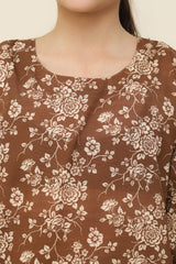 Plum Premium Khaddar Brown Colour Printed White Flowers On 2 pc Stitched suit For Girls