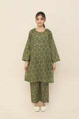 Plum Premium Khaddar Green Colour Printed Yellow Patterns On 2 pc Stitched suit For Girls