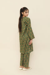 Plum Premium Khaddar Green Colour Printed Yellow Patterns On 2 pc Stitched suit For Girls