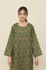 Plum Premium Khaddar Green Colour Printed Yellow Patterns On 2 pc Stitched suit For Girls