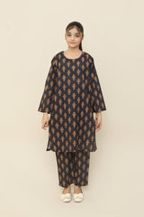 Plum Premium Khaddar Black Colour Printed Golden Leaves On 2 pc Stitched suit For Girls